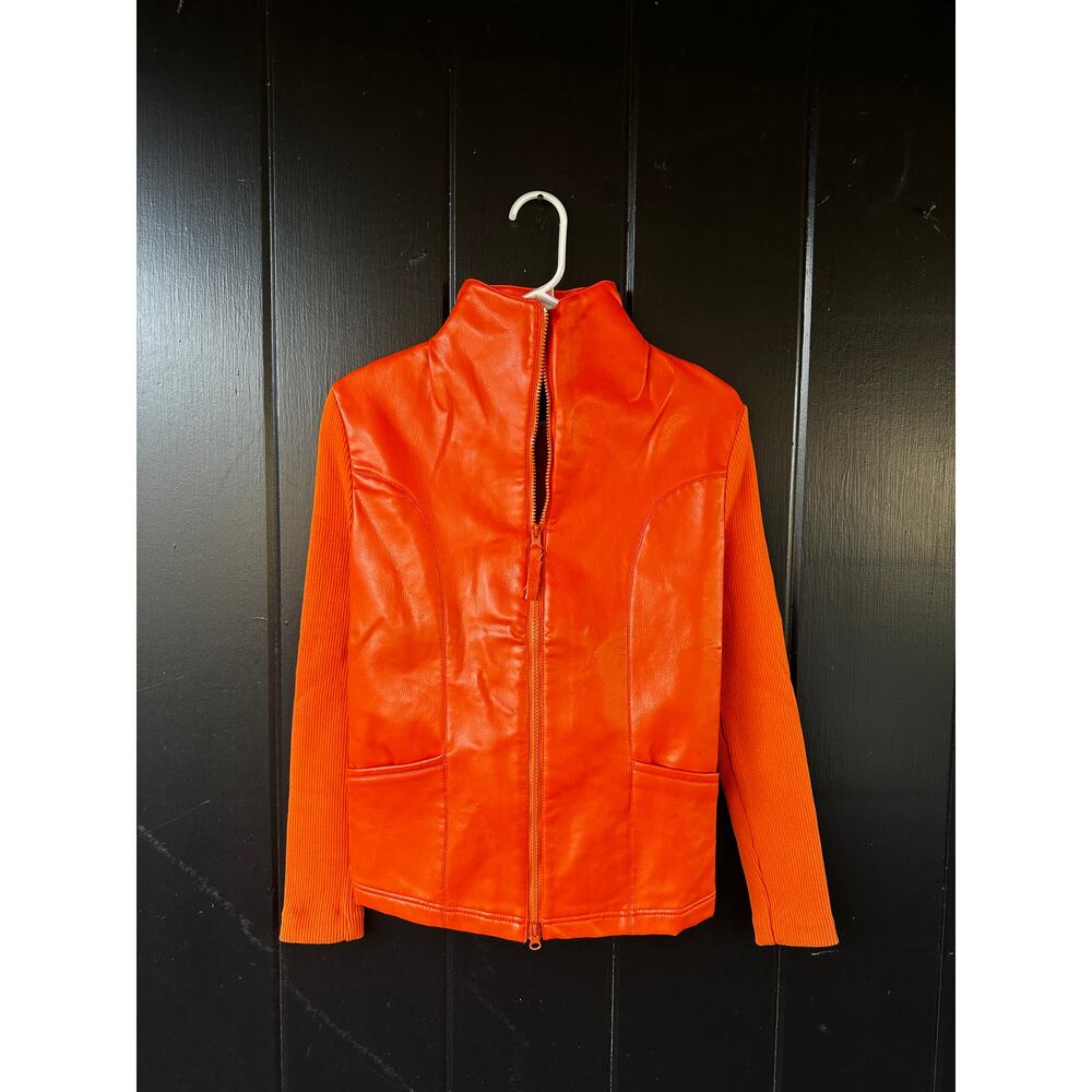 Fly Riders Orange Vegan Leather Ribbed Zip Jacket Moto Style Small